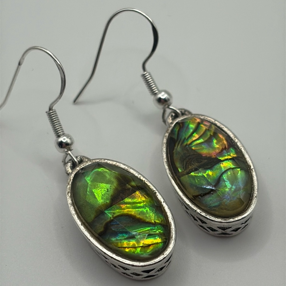Vintage Abalone Silver and Iridescent Green Earrings